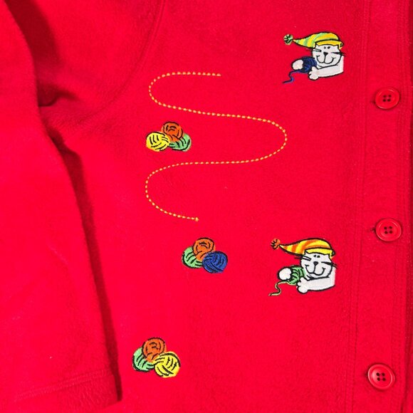 Vintage Red Fleece Cardigan With Embroidered Cat & Yarn Patterns - Picture 3 of 12